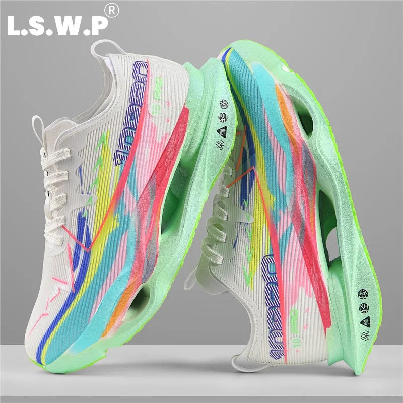 Fashionable Inkjet Printed Racing Running Shoes, Lightweight Breathable Mesh Running Shoes, Thick-Soled High-Rebound Cushioning Sneakers, Lace-Up Non-Slip Wear-Resistant Youth Daily Commuting Jogging Professional Training Sports Shoes
