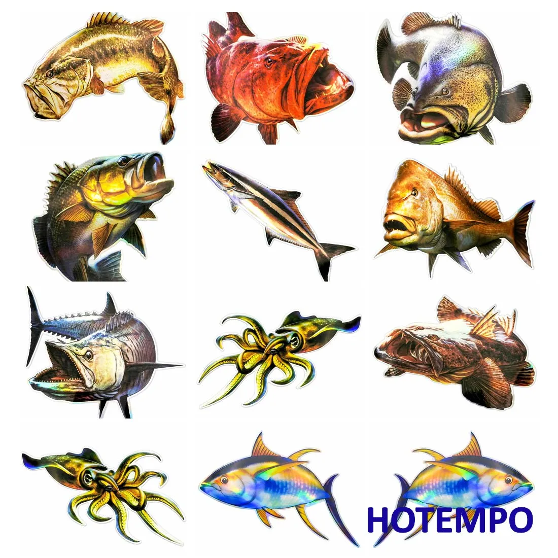 Big Sea Fish Stickers Laser Glossy Style Marine Life Go Fishing Outdoor for Fisherman Boat Laptop Luggage Car Waterproof Sticker