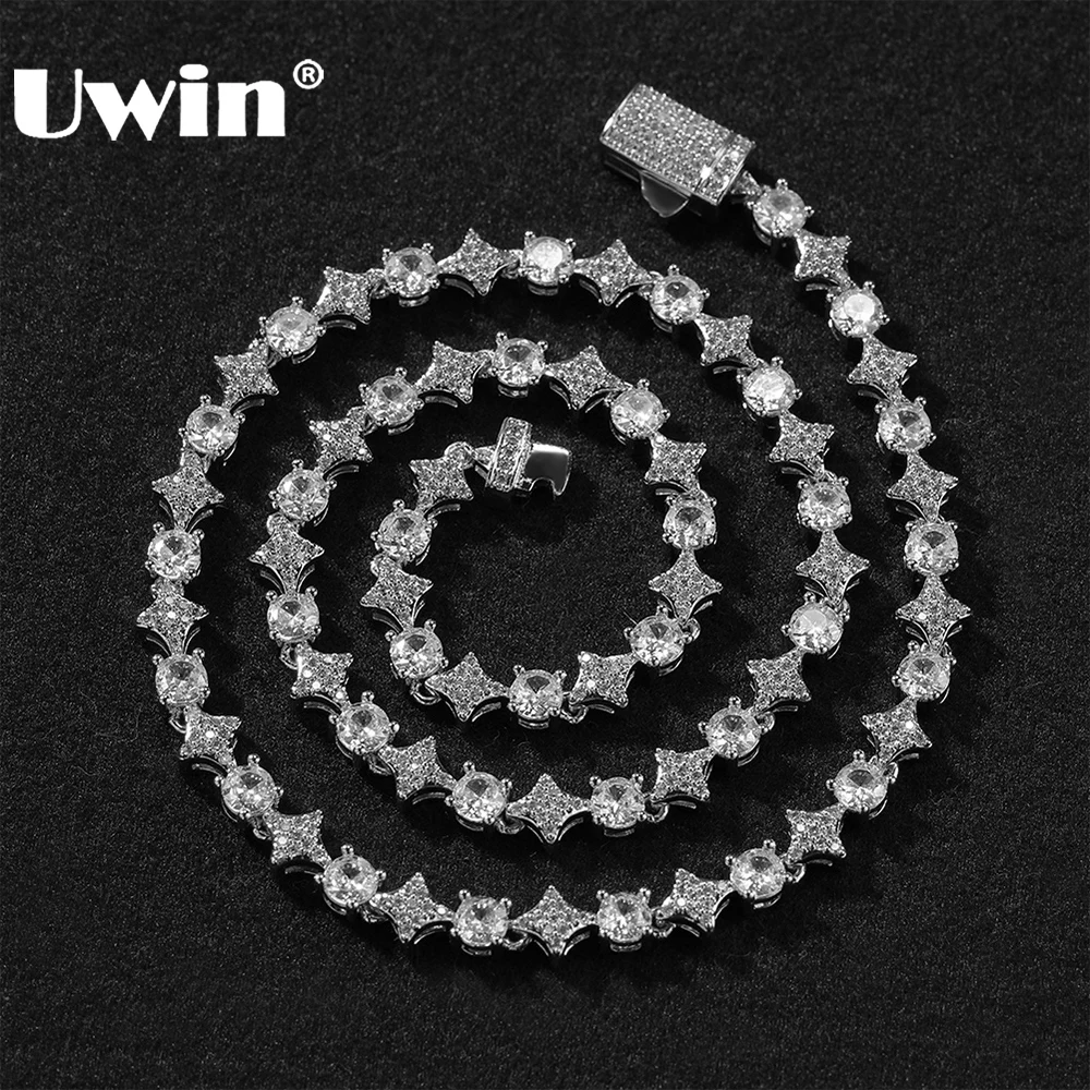 

UWIN Iced Shinning Star Tennis Chain Necklace for Women 6mm Prong Setting Cubic Zirconia Chain Choker Fashion Jewelry for Gift