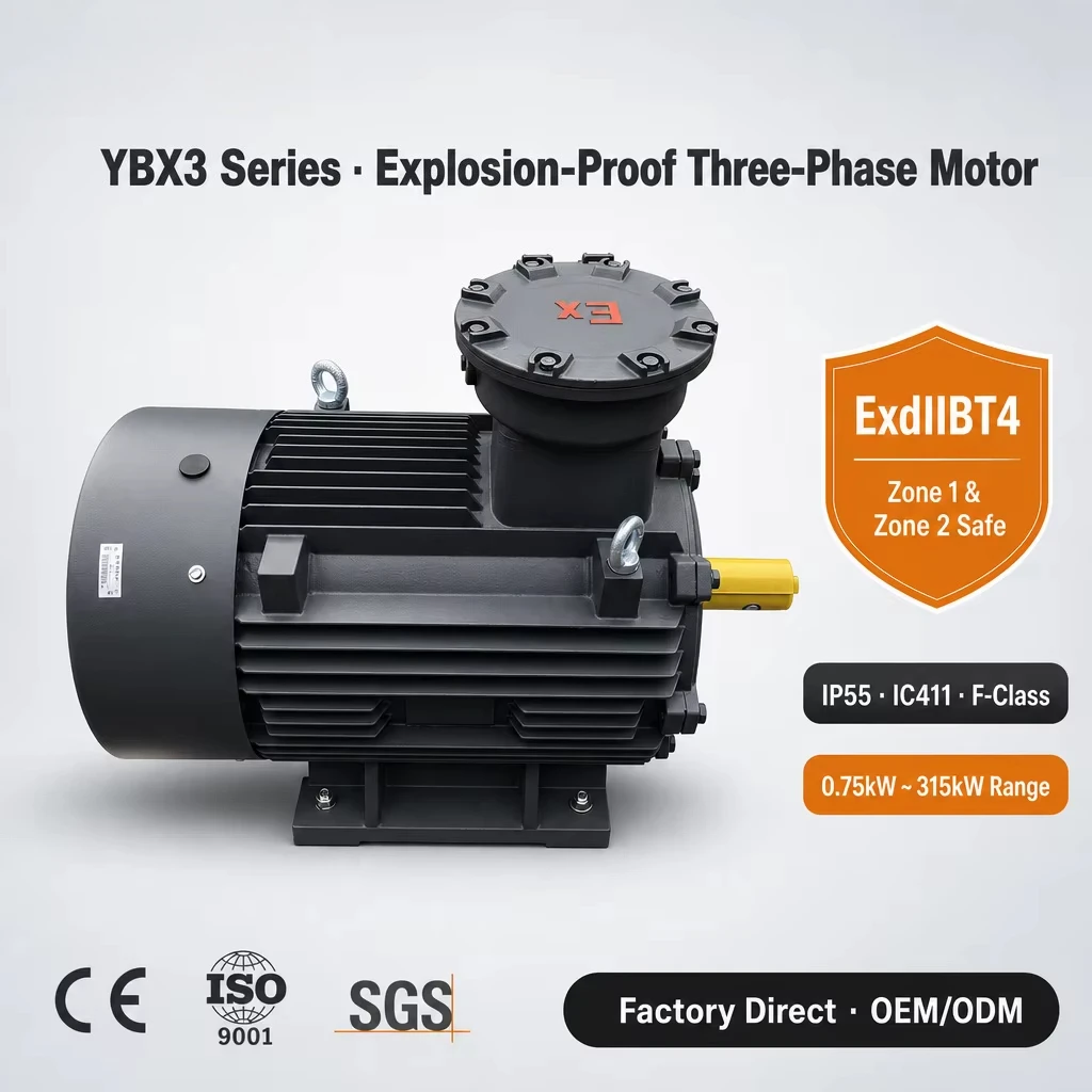 Flameproof Three Phase AC Motor ExdIIBT4 Zone 1 Zone 2 0.75kW-315kW IE3 IE4 Oil Gas Petrochemical Mining Heavy Duty Pro