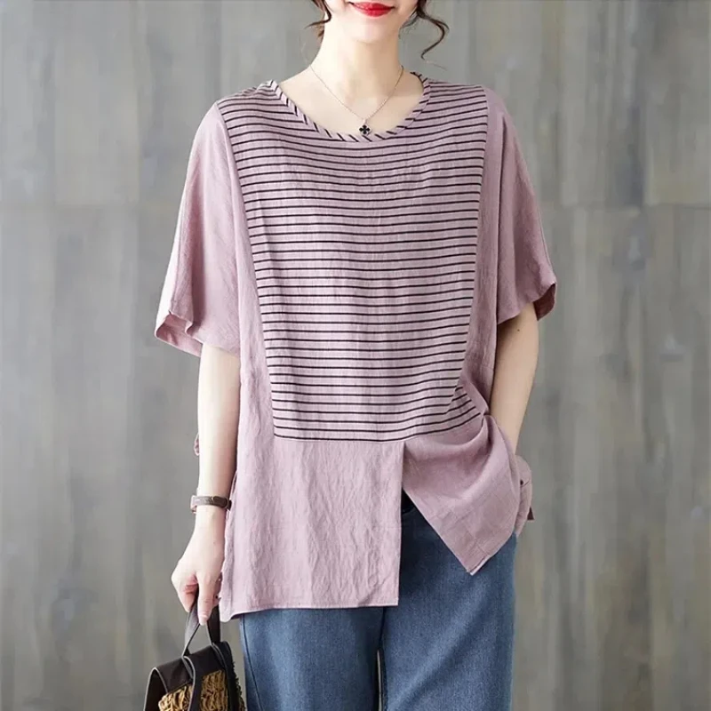 Fashion Striped Patchwork T Shirts Summer New Short Sleeve Loose Solid Split Hem Casual Tops Tees Vintage Trend Women Clothing