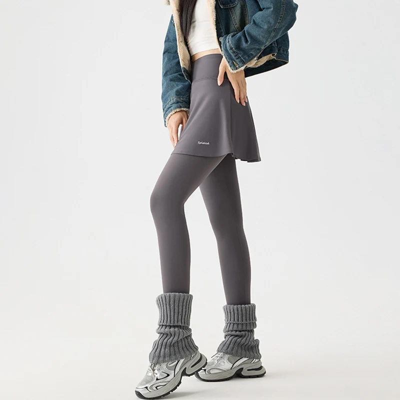 

Fall Winter Fleece Thermal Pants Skirts Korean Fake Two Piece Tennis Fitness Sports Leggings High Waist casual Skirt Leggings