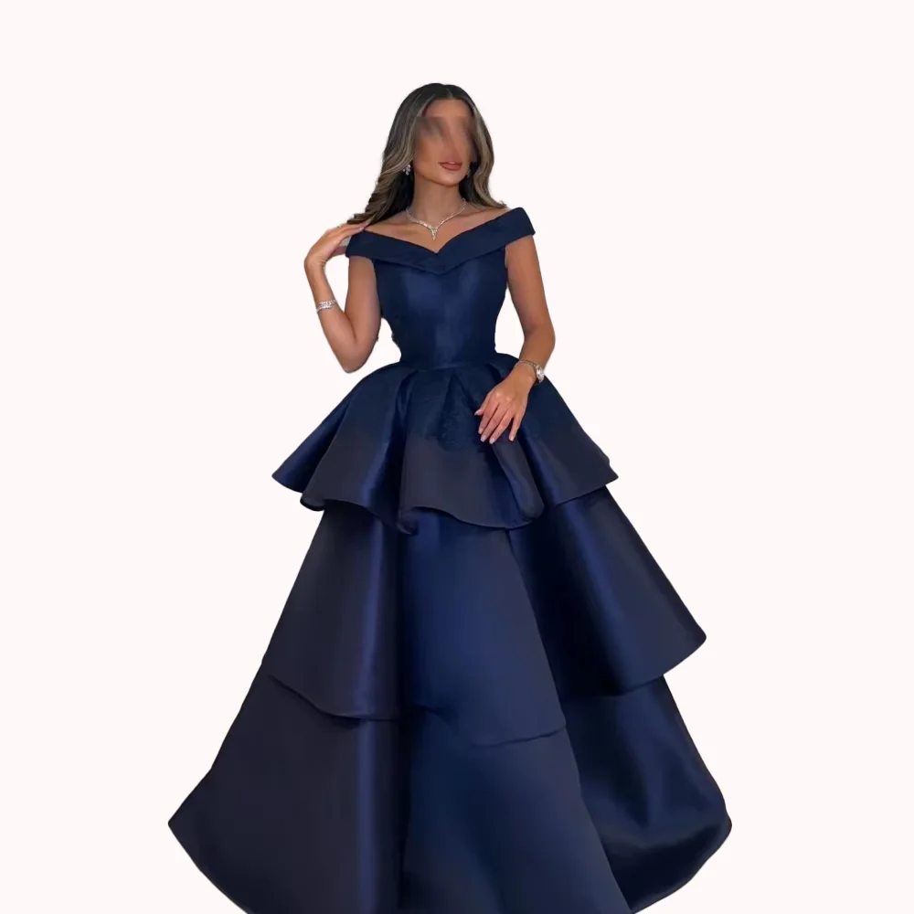 الأزرق الداكن قبالة الكتف فساتين لحضور الحفلات الموسيقية 2025 الساتان الدانتيل يزين متعدد الطبقات ألف خط فساتين السهرة طول الأرض مخصص