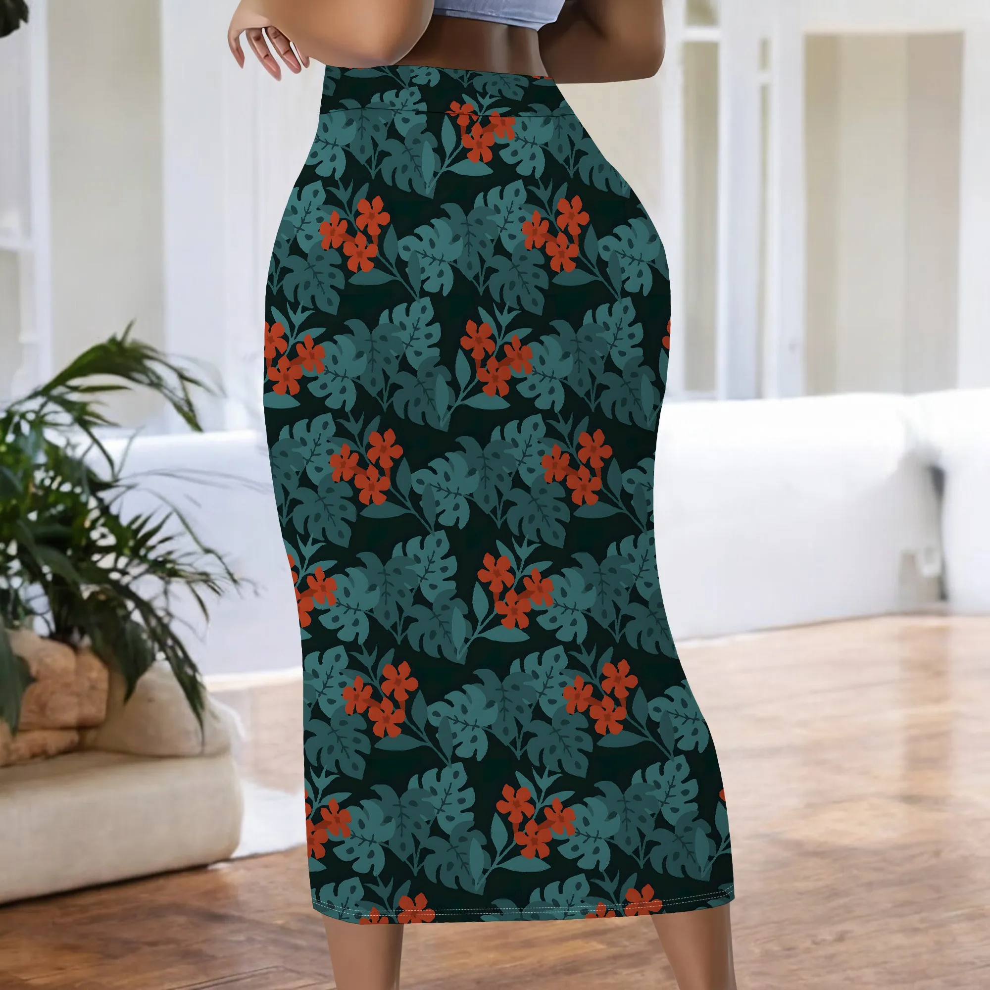 Tropischer Blumenmuster-Bleistiftrock, Hochtaillierter Midirock, Figurbetonter Partykleid-Rock, Sommer-Strand-Urlaubsoutfit, S-2XL – Detail 6