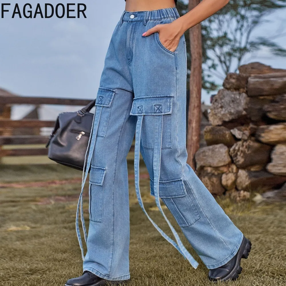 

FAGADOER Vinateg Blue Cargo Pants Overalls Jeans Women Casual 90s Streetwear Big Pockets High Waist Straight Denim Trousers