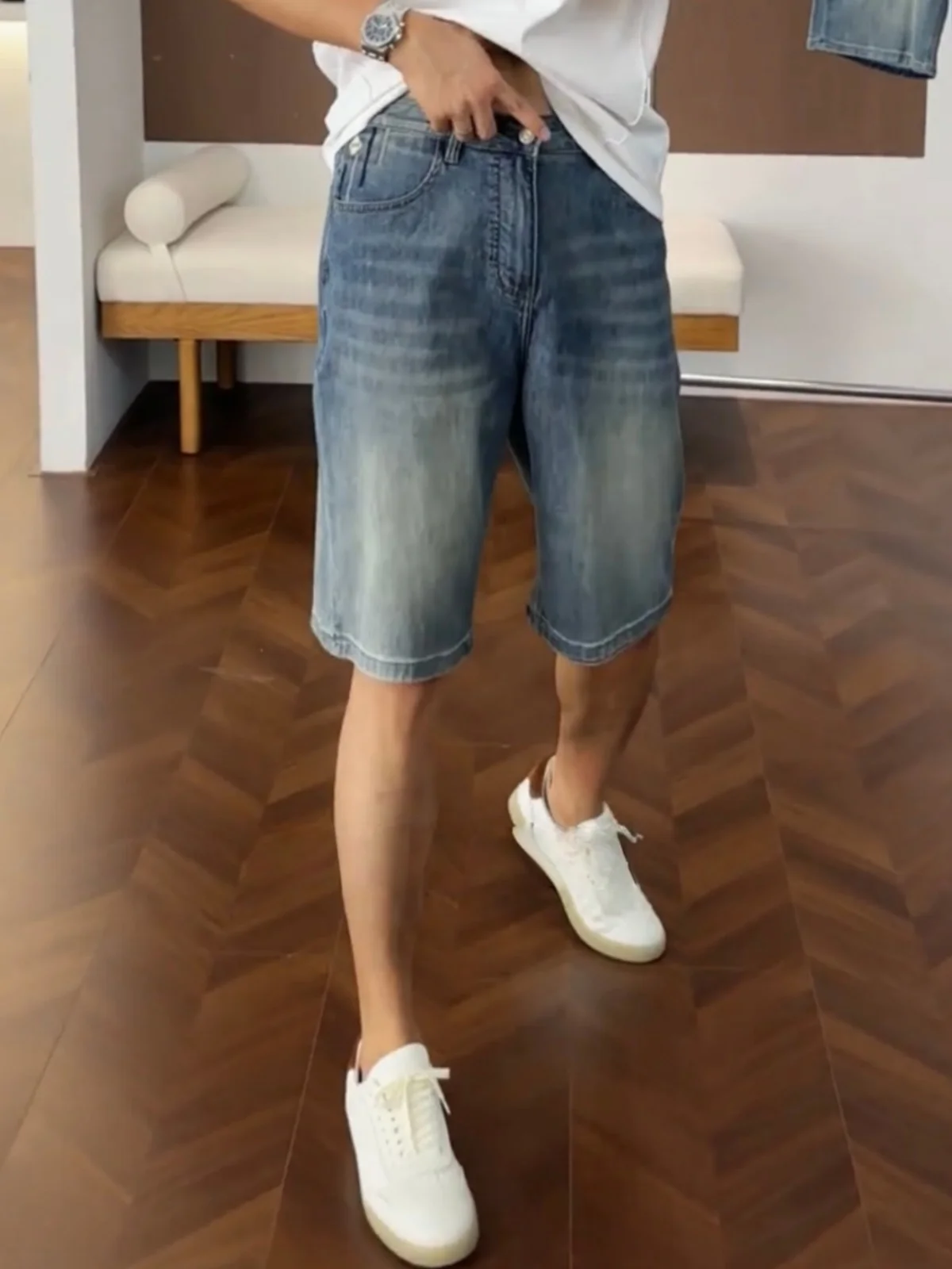 Retro Washed Denim Shorts Men's Fashionable Versatile Skin-friendly Breathable Outdoor Sports Five-Quarter Length Casual Shorts