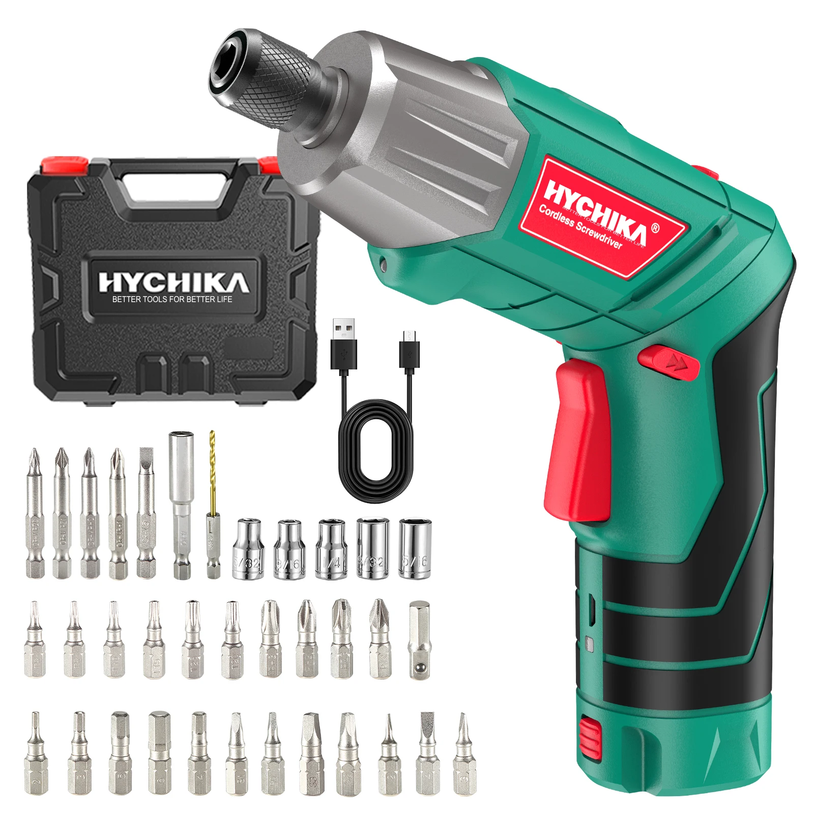 HYCHIKA Electric Screwdriver with Carrying Box LED Light 6N.m 35PCS Drills High Quality Cordless Screwdriver Power Tools