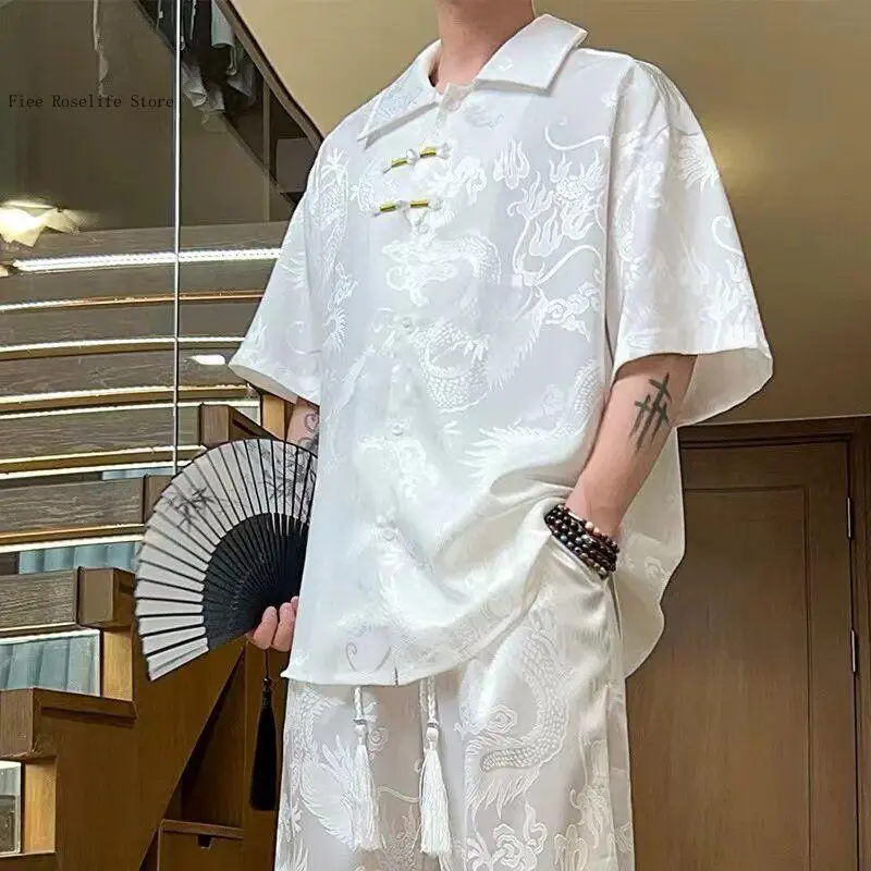 Summer and Autumn Season Chinese Style Ice Silk Dragon Pattern Short Sleeved Shirt Loose Casual Shirt Jacket for Men