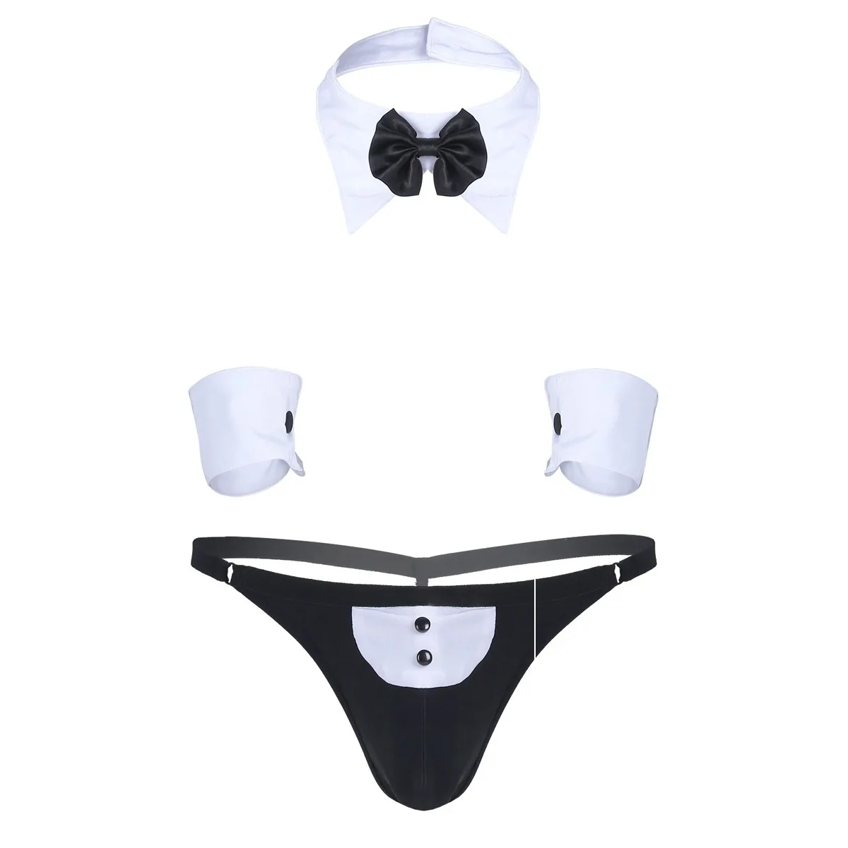 3Pcs Mens Waiter Cosplay Costume Lingerie Suit Open Back Tuxedo G-string Thong Underwear with Bow Tie Collar and Bracelets