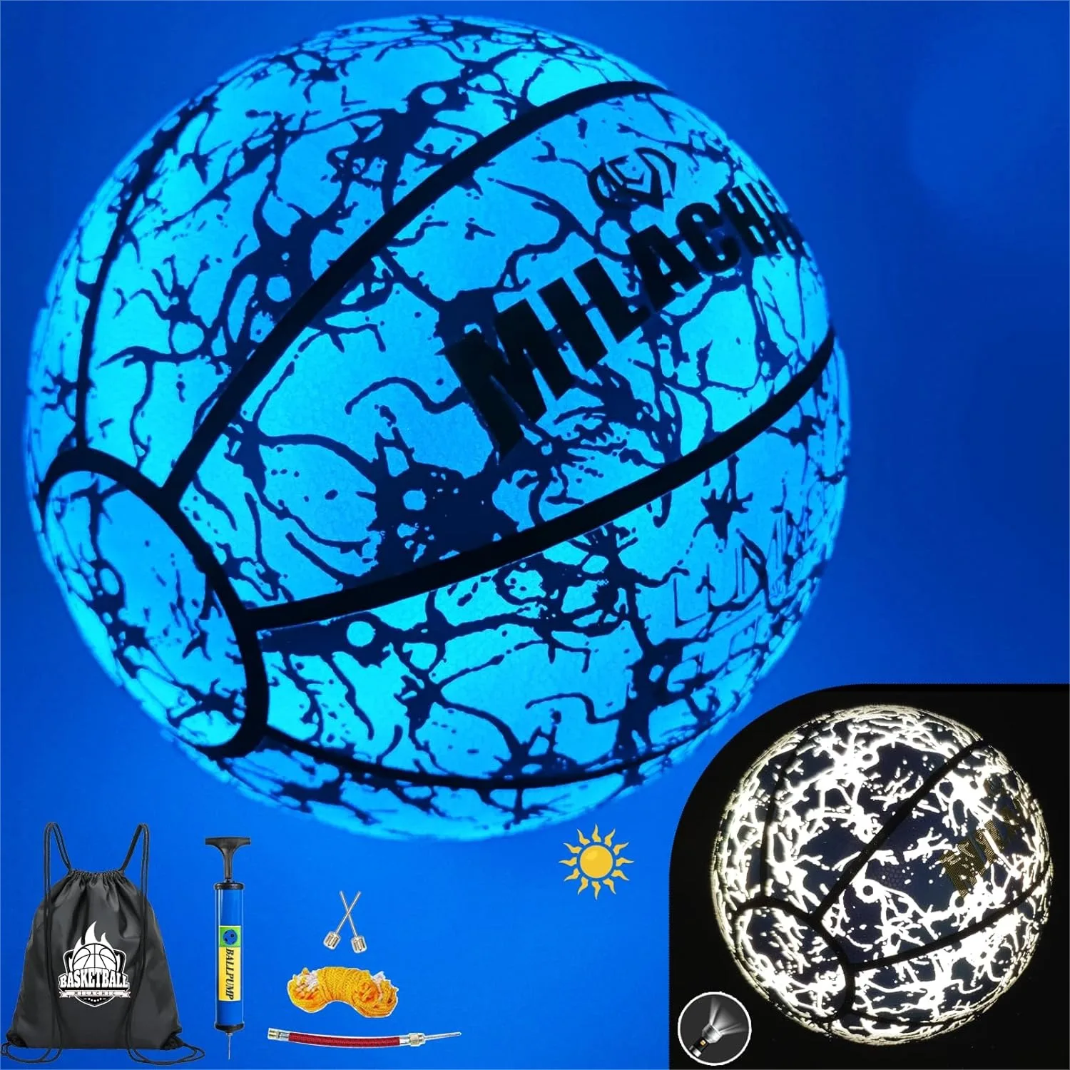 

Glow in the Dark Holographic Basketball, Official Size 7 Indoor Outdoor Luminous Leather Ball with Pump