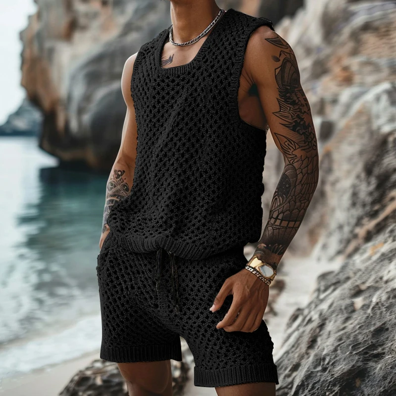 Vintage Hollow Out Knitted Outfits Men Summer Sleeveless O Neck Knit Tank Top And Shorts Mens Two Piece Sets Fashion Men\'s Suits