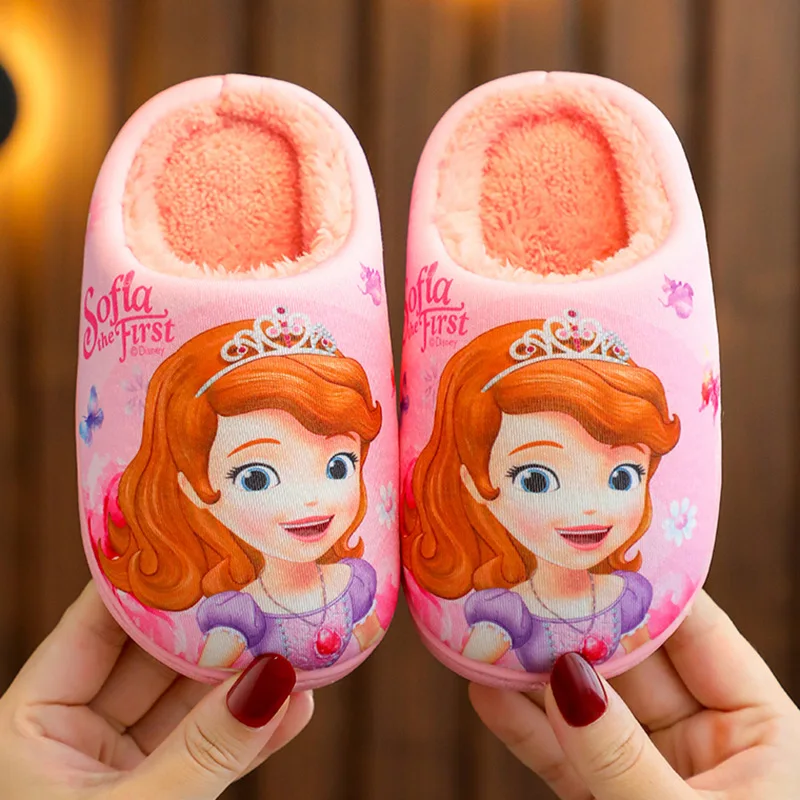 Disney Princess Elsa Winter Children\'s Heel Cotton Slippers Girls\' Warm Frozen Kids\' Cotton Black Purple Flats Shoes Size 28-40