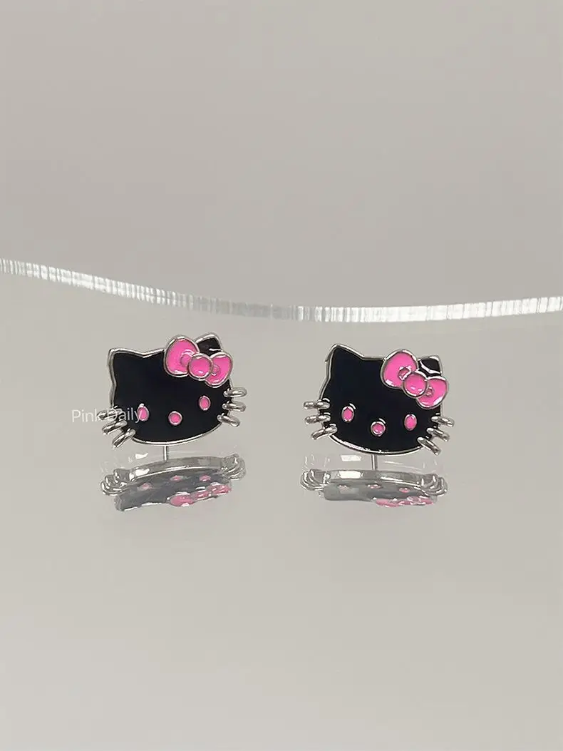 Boucles d'oreilles Hello Kitty en cuir noir pour filles, sans oreilles percées, clip d'oreille Kawaii, décoration créative, accessoires de bijoux, Y2k