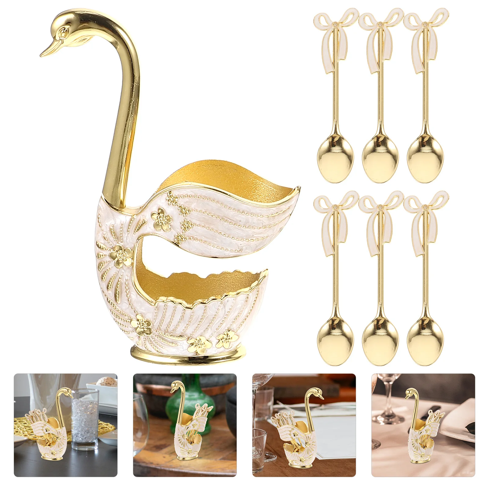

1 Set Golden Painted Spoon Set Coffee Scoop Cookie Scoop Metal Dessert Spoons Storage Holder Swan Shape Kitchen Utensils Home