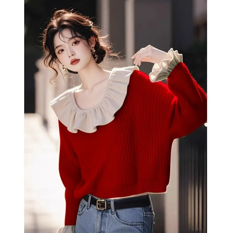 2020 Autumn Winter New Ruffle Leaf Splicing Sweet Versatile Knitted Pullover Loose Sweater Round Neck Long Sleeve Top