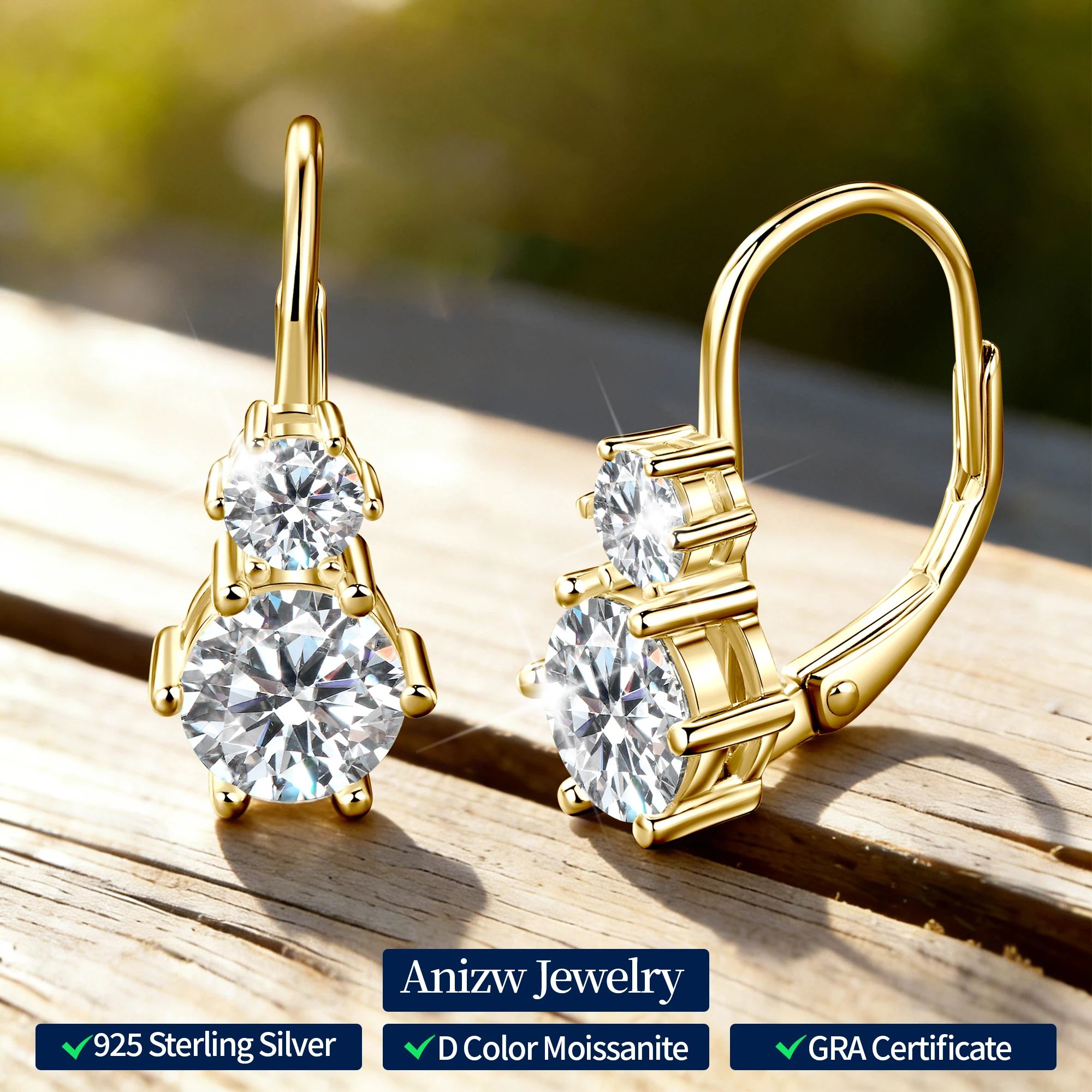 Anziw 2.60cttw. 6.5mm D Moissanite Drop Hoop Earrings for Women Real 925 Silver Two Stones Clip Earrings 2025 Trend Fine Jewelry
