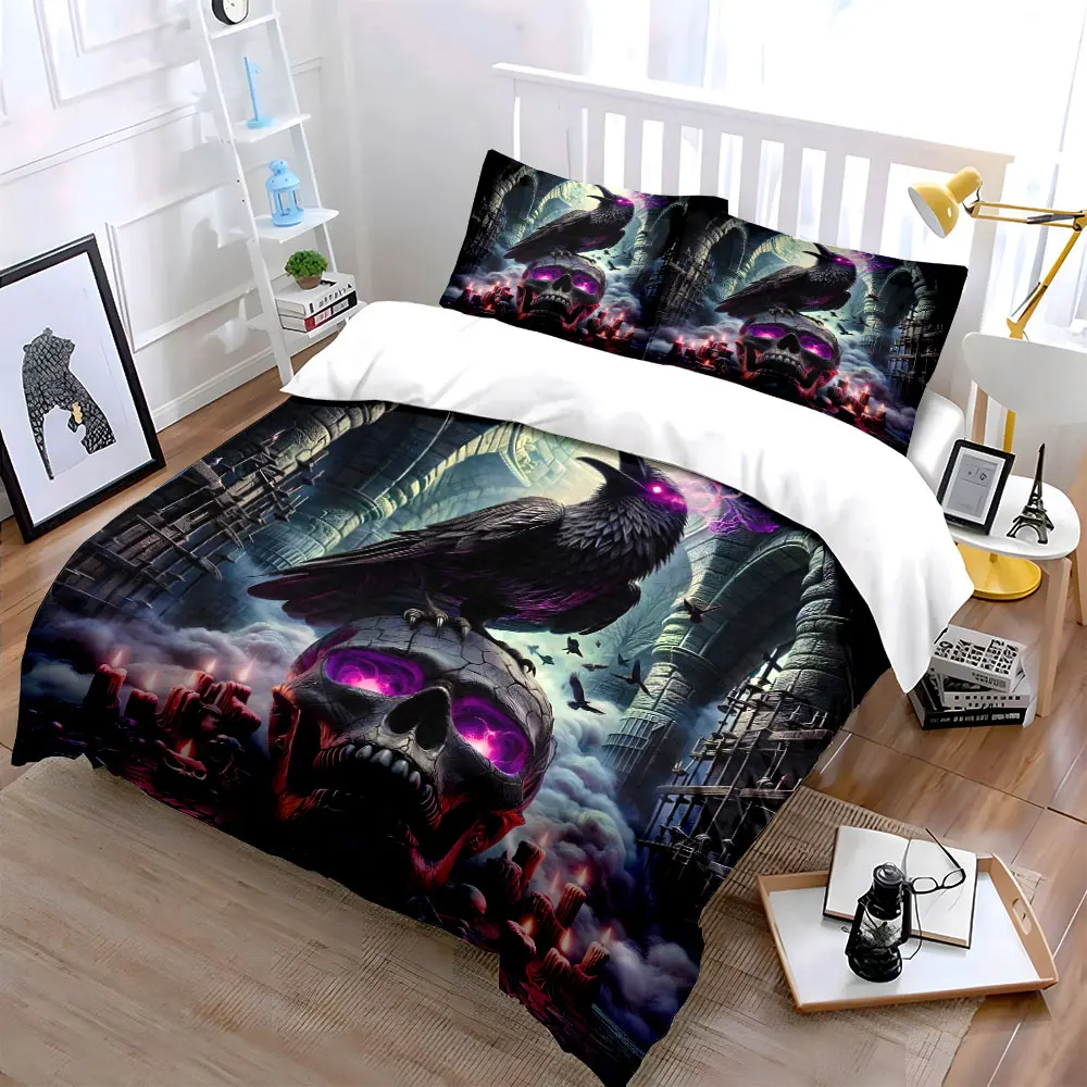 Raven perches in castle surrounded by candles Print Bedding Set 1 Duvet Cover 2 Pillowcases for Adult and Children Luxury Gift