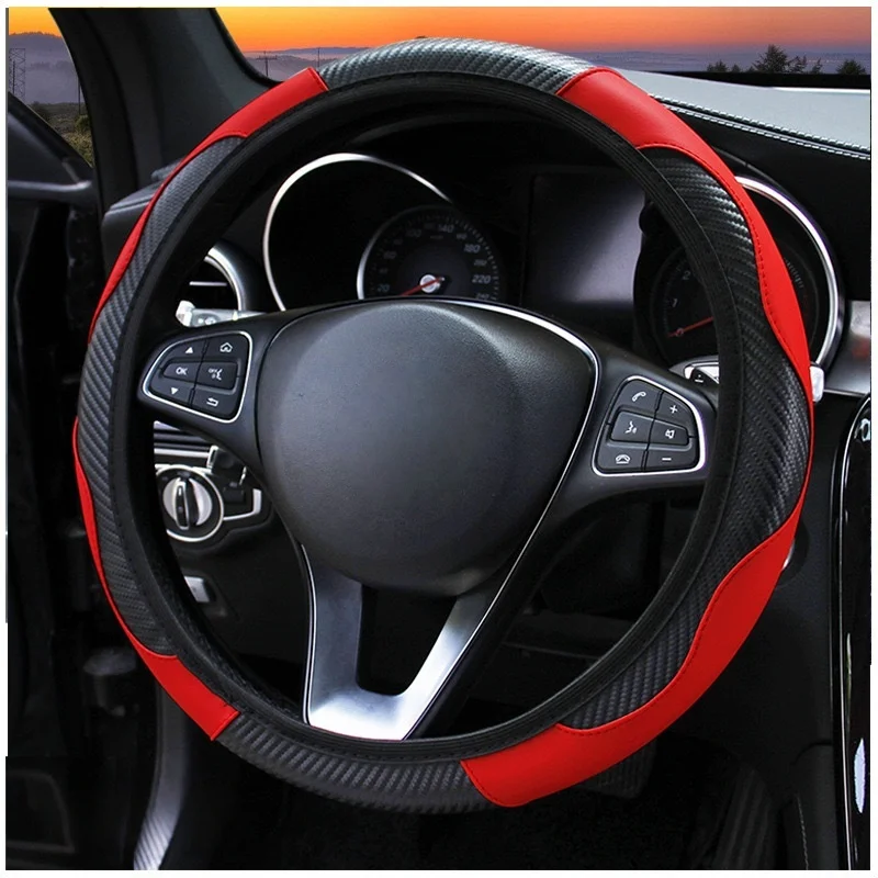 

Car 37-38.5cm Steering Wheel Cover Breathable Anti Slip PU Leather Steering Covers Suitable Auto Decoration Carbon Fiber