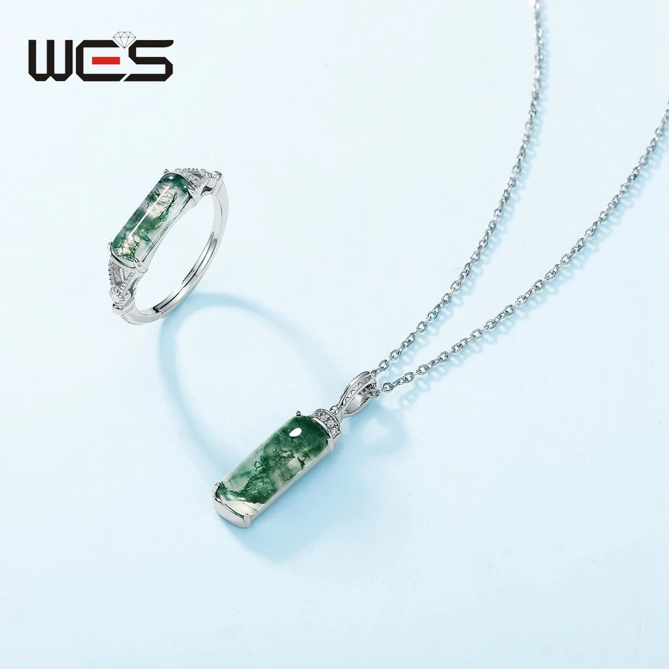 WES 925 Sterling Silver Pendant Necklace for Woman 5*15mm Natural Gemstone Moss Agate Anniversary Fashion Certified Jewelry Band