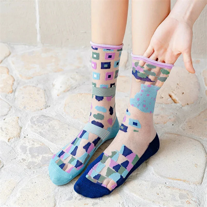 Fashion Women Socks Summer Mesh Thin Long Printed Socks Women Casual Breathable Fresh Flower Korea Style Cute Kawaii Socks