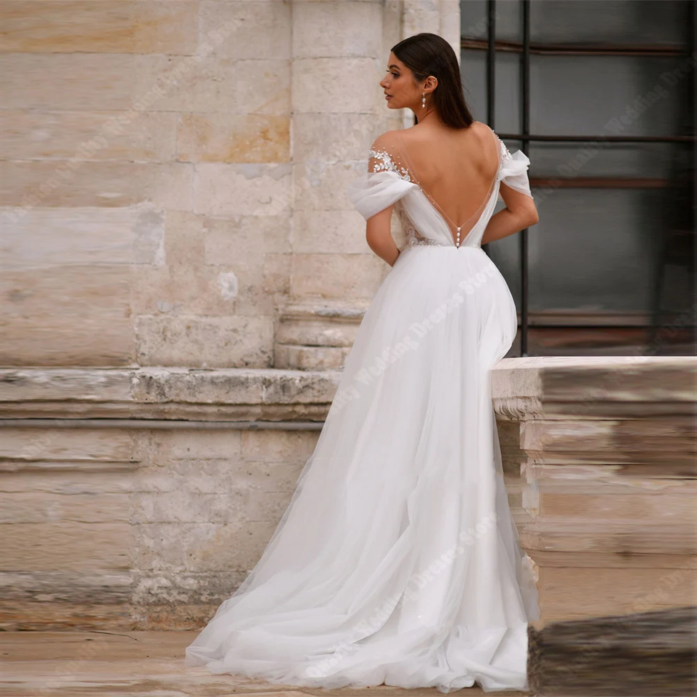 Elegante Tule Vestidos De Noiva Linha A Para Mulheres, Tecido Brilhante, Vestidos De Noiva, Comprimento De Esfregar, Vestido Princesa, Bonito, Romântico