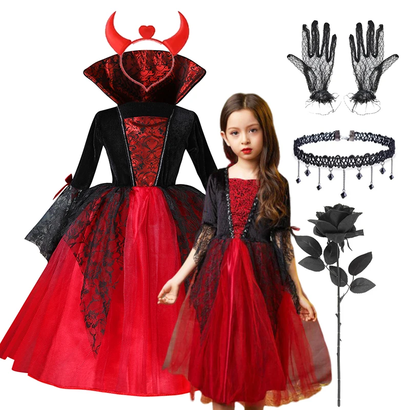 Girls Halloween The Middle Age Gothic Vampire Dress Vintage Red Black Mesh Role Play Costume Child Princess Frocks Apparel 2-10T