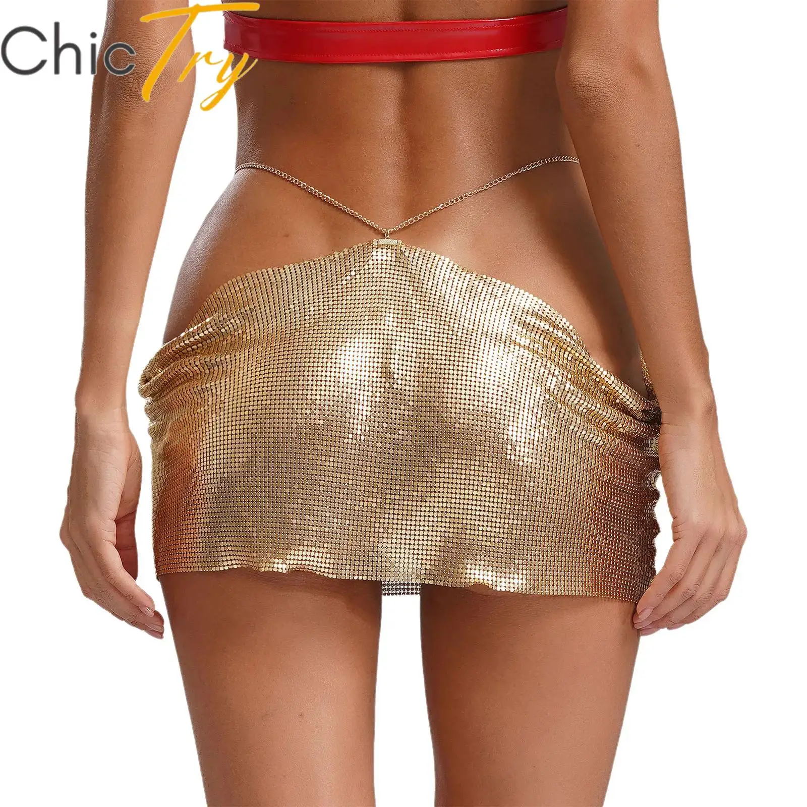 Women Sequins Mini Skirt Sparkly Low Waist Metal Chains Waistband Glitter Sexy Miniskirt Nightclub Rave Party Clubwear Costume