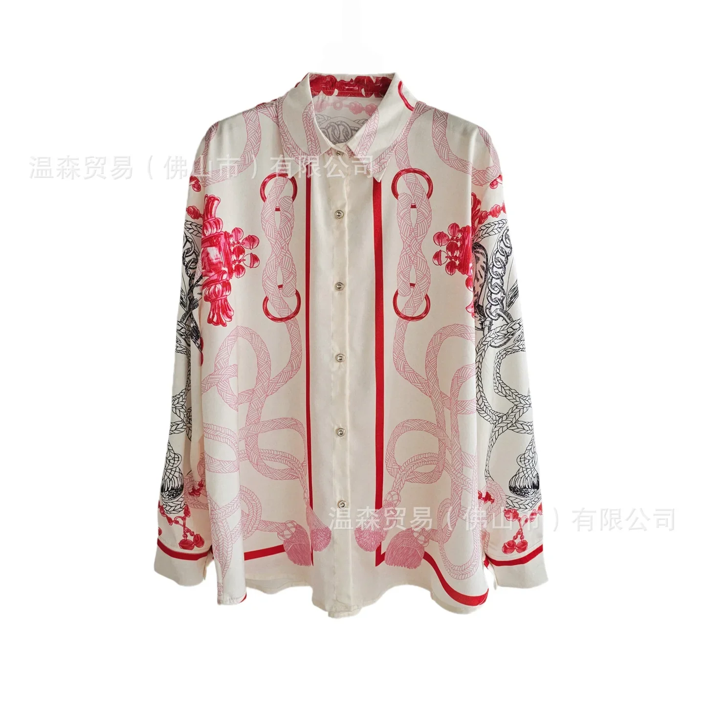 Baroque French Designer Printed Two Piece Set Women Silk Satin Simulation Holiday Style Long Sleeve Shirt Wide Leg Casual Suit view 4