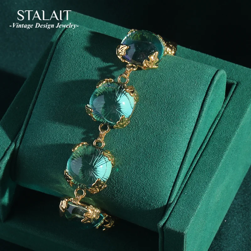 

Vintage Round Transparent Candy Green Glass Bracelets Charm for Women Gold Color Leaf Antique Jewelry Gift Girls New in 2024