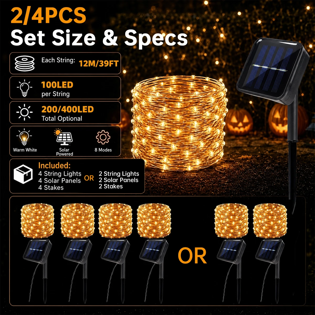 2/4Pack 100 LED Solar Copper Wire String Lights – 8 Twinkling Modes Fairy Lights for Outdoor Patio, Fence, Garden, Yard, Home, Holiday Tree Party Halloween Decor