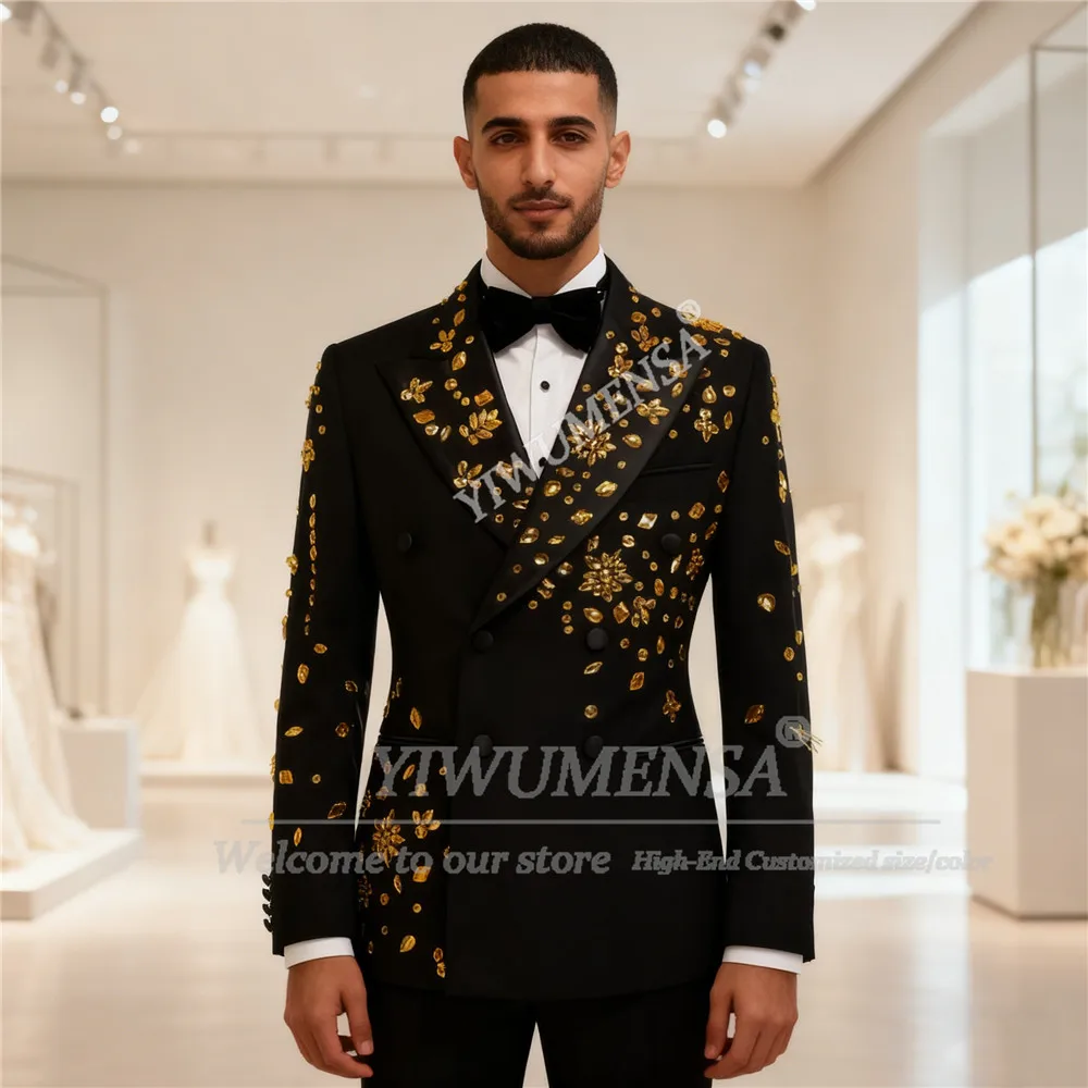 

Luxury Diamond Stones Suits Men 2 Piece Set Double Breasted Jacket Pants Customized Groom Wedding Tuxedos Male Fashion Outfits