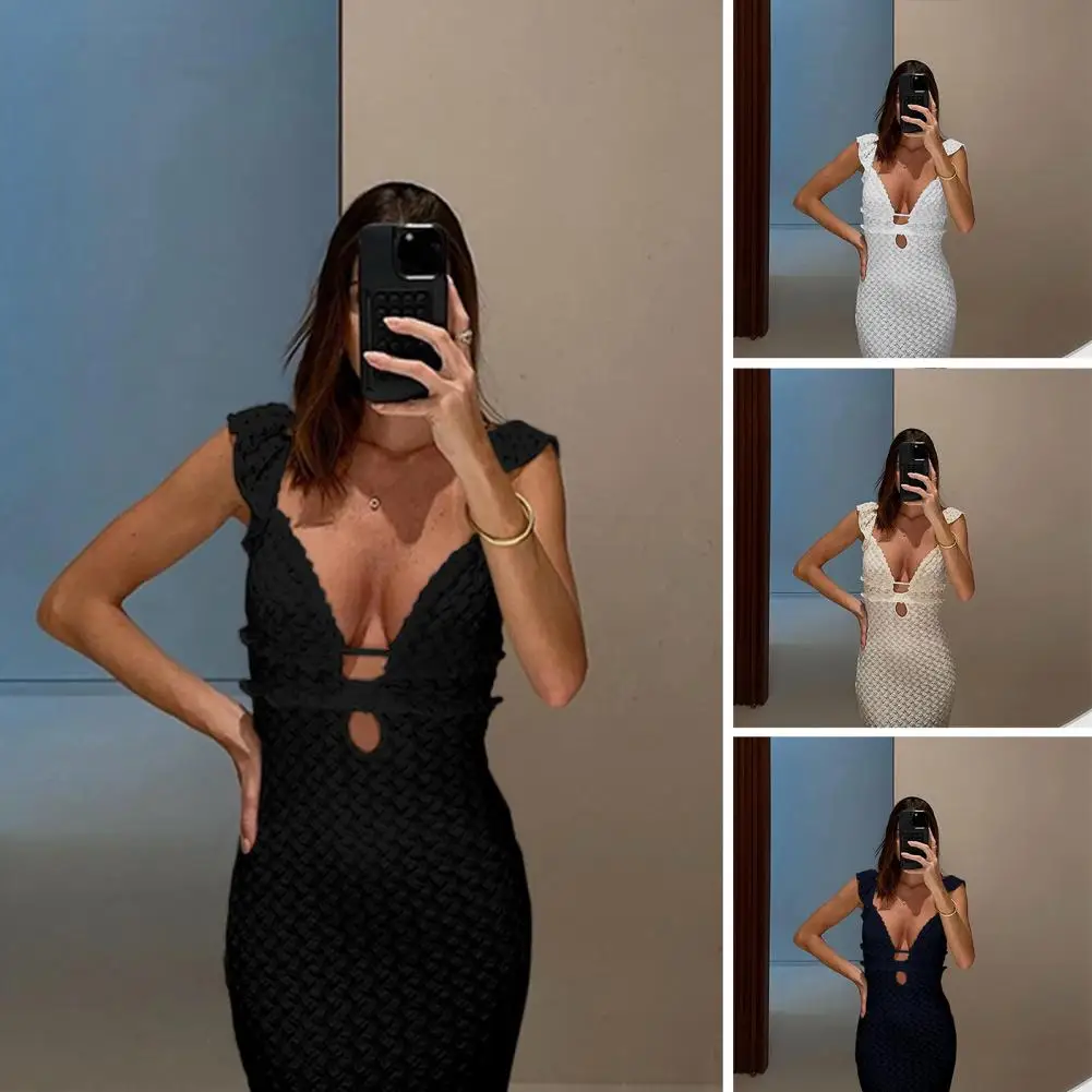 1Pc Knitted Women Beach Dress Backless Hollow Out Sleeveless Evening Dress Low-cut Lace-up Skinny Stretchy Vacation Maxi Dress