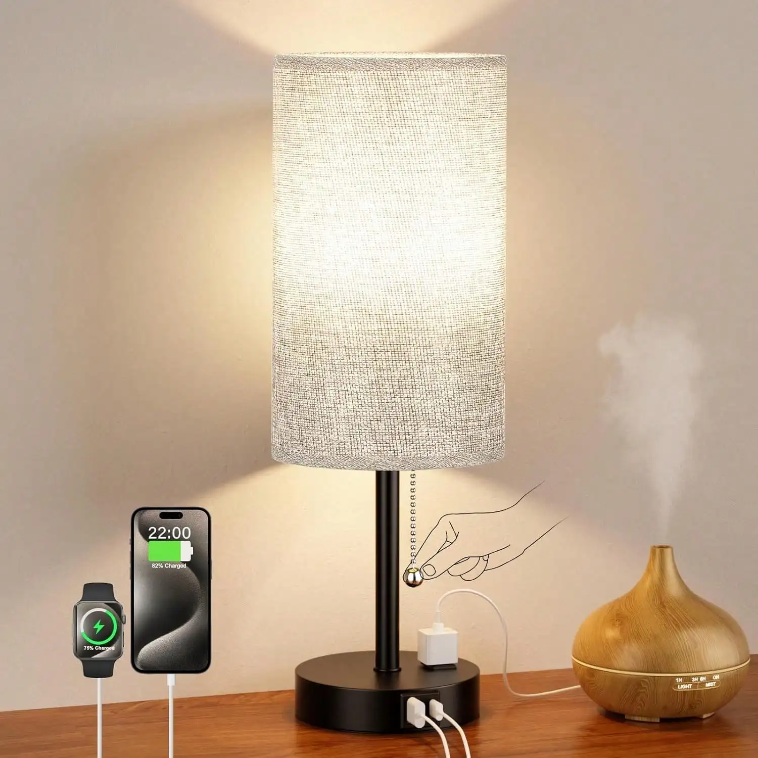 Touch Control Table Lamps With USB Ports & AC Outlet, 3 Way Dimmable Bedside Lamps With Fabric Shades, A19 LED Bulbs Included, Perfect For Bedroom, Living Room, And Reading