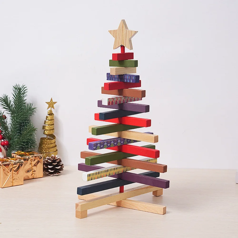Wooden Christmas Tree Figurine Rotatable 3D Christmas Tree Tabletop Ornament Rustic Style Space-saving Christmas Tree Block Gift