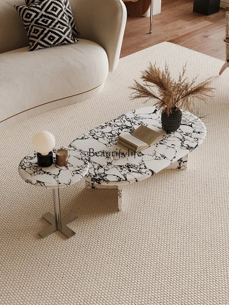 

FG28French Entry Lux Coffee Table Living Room Home Small Apartment Oval Marble Coffee Table Combination