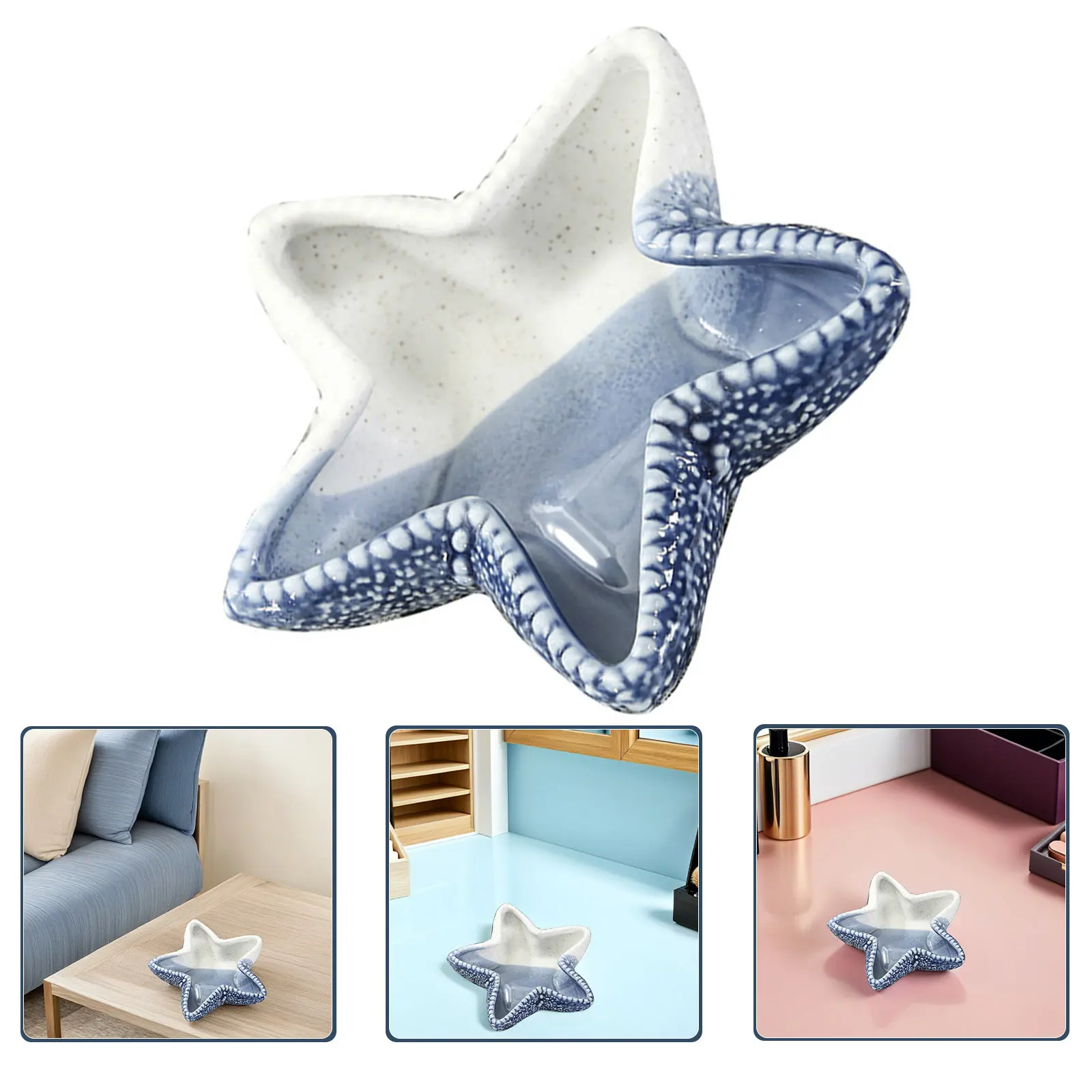 

1Pcs Sea Star Storage Plate Blue Ceramic Jewelry Tray Home Decorative Ornament Multi Purpose Key Holder for Bedroom Living Room