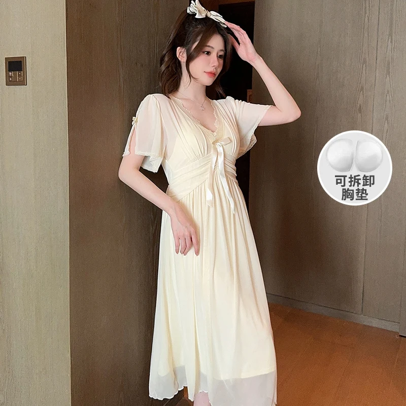 Cotton Short Sleeve Sexy Lace V-neck Lingerie Nightgowns for Women 2024 Summer Cute Sleepwear Night Dress Nightdress Home Nighty