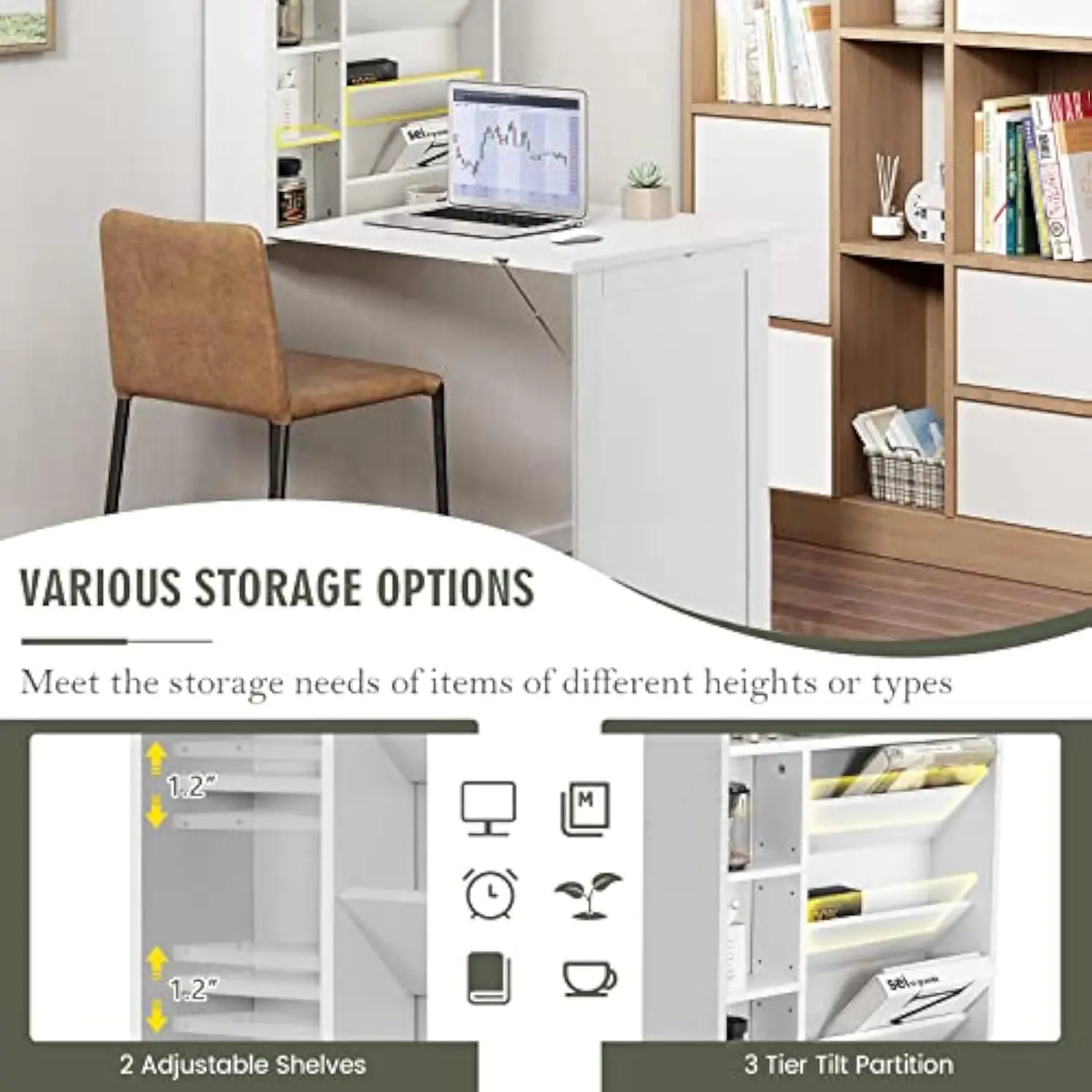 Wall Mounted Table W/Classified Storage Space, Foldable Multiple-Purpose Desk, Sturdy Wood Structure, Floating Convertible Desk