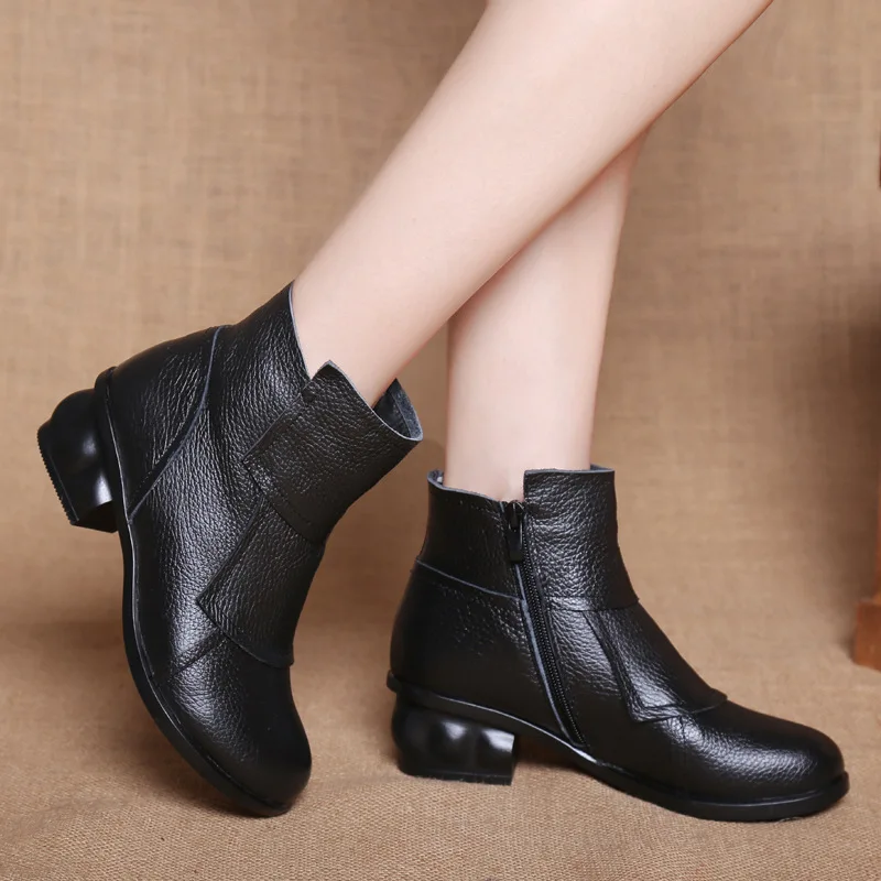 Retro Waterproof Ankle Boots for Women Genuine Leather Blue Square Heels Vintage Comfortable Luxury Heeled Shoes