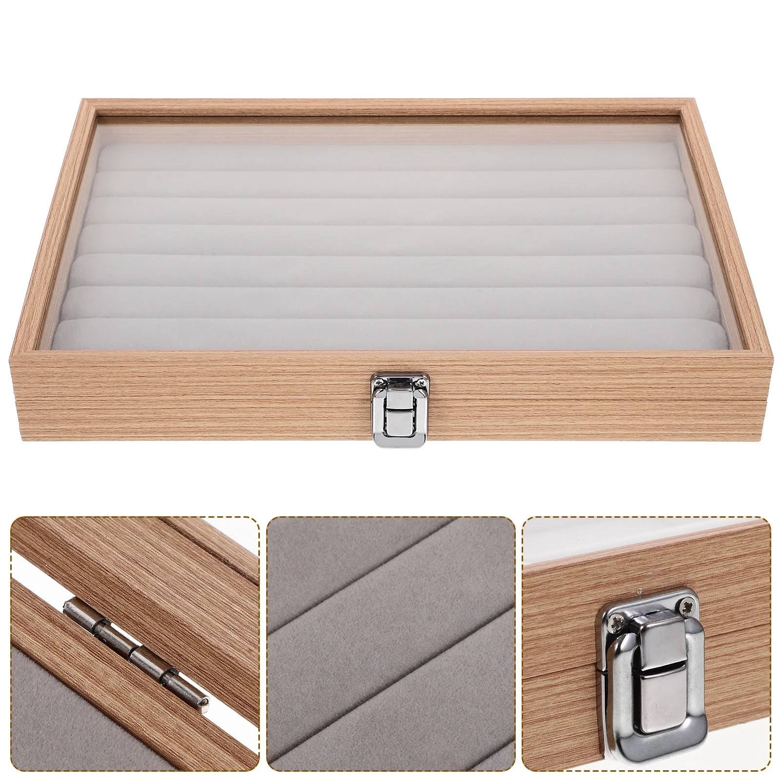 

Wooden Jewelry Box with Clear Glass Lid Earrings Necklaces Rings Bracelets Storage Organizer Case Display for Bedroom Desktop