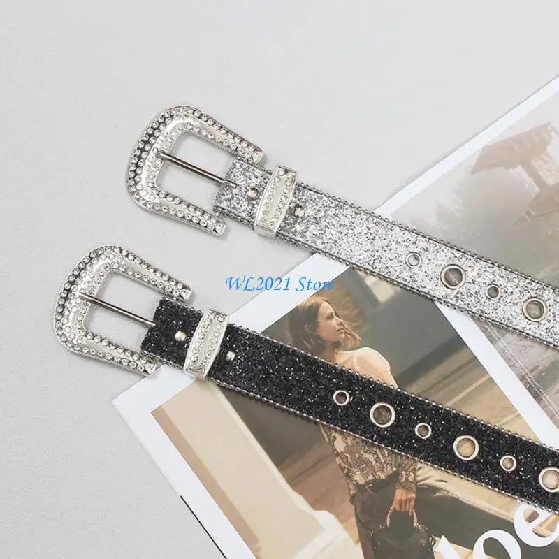 

G5GC Adult Full Sequins Belt for Dress Adjustable Pin Buckle Waist Belt Buckle Wide Waist Belt Ladies Skirt Belt