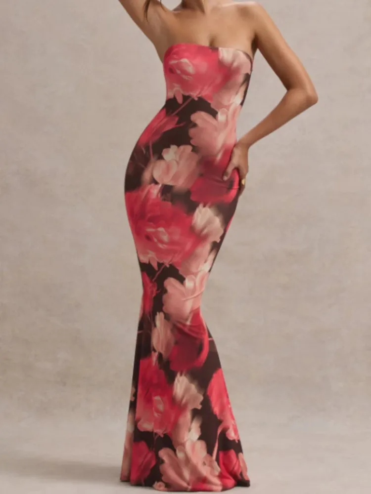 Abito slim stampato alla moda sexy da donna, temperamento da donna, ragazza calda elegante, petto, abiti lunghi a coda di pesce senza vita e senza schienale