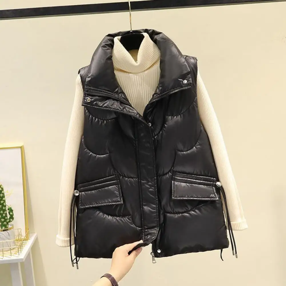 Women Down Cotton Vest Autumn Winter Sleeveless Stand Collar Dual Pockets Zipper Casual Loose Elegant Shiny Solid Color Warm Lad