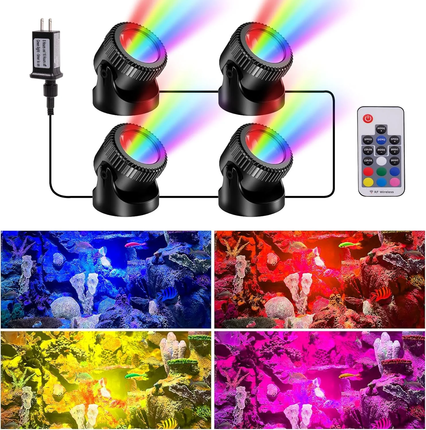 

IP68 Waterproof 4-in-1 RGB LED Pond Lights 4 Head Garden Ornaments for Patio Fountain Pool or Waterfall Decor