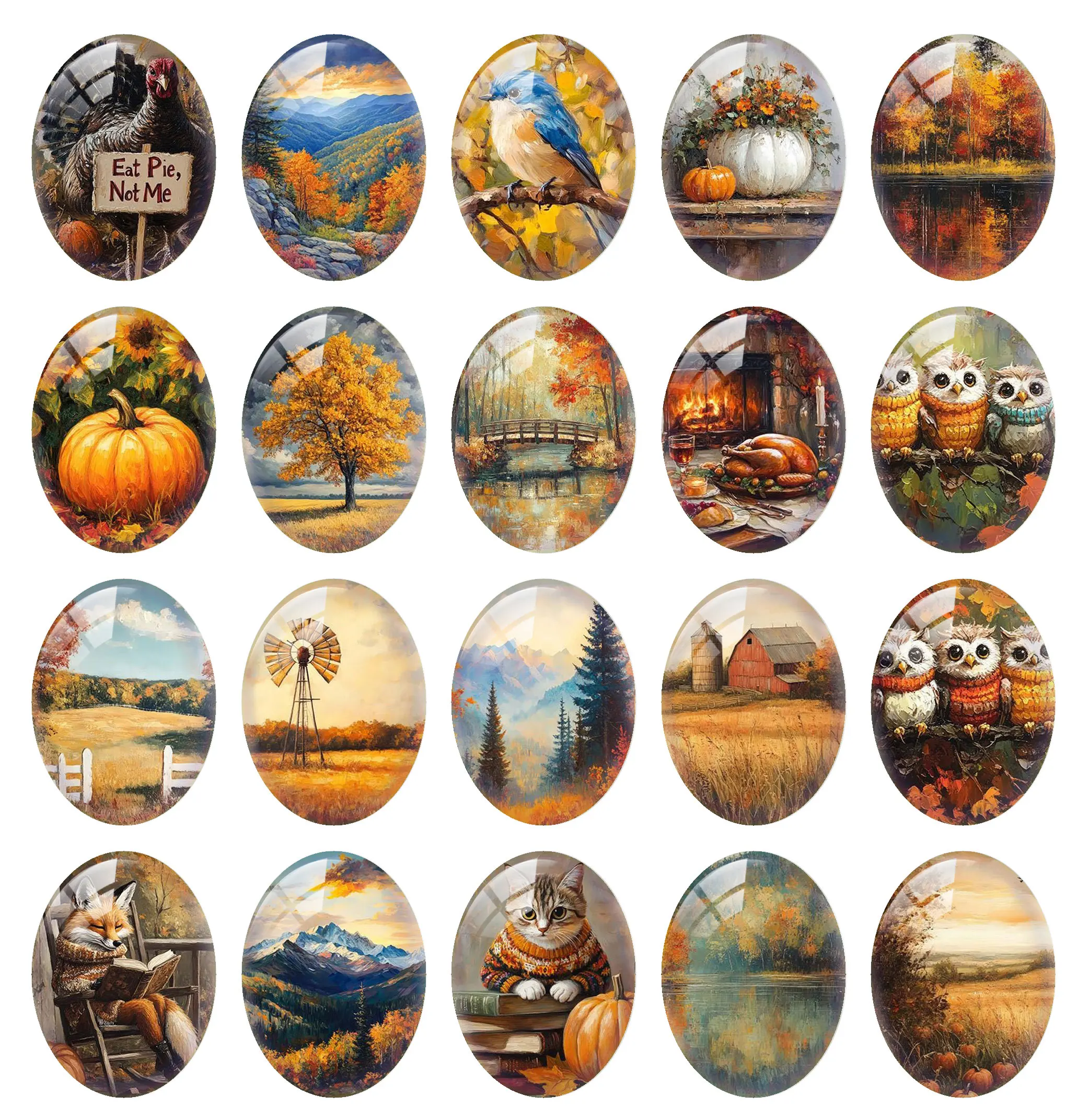 10pcs/lot Thanksgiving Autumn Fall Cat Owls Fox Pumpkin Farm Oval Photo Glass Cabochon Flatback Demo Cameo Diy Jewelry Making