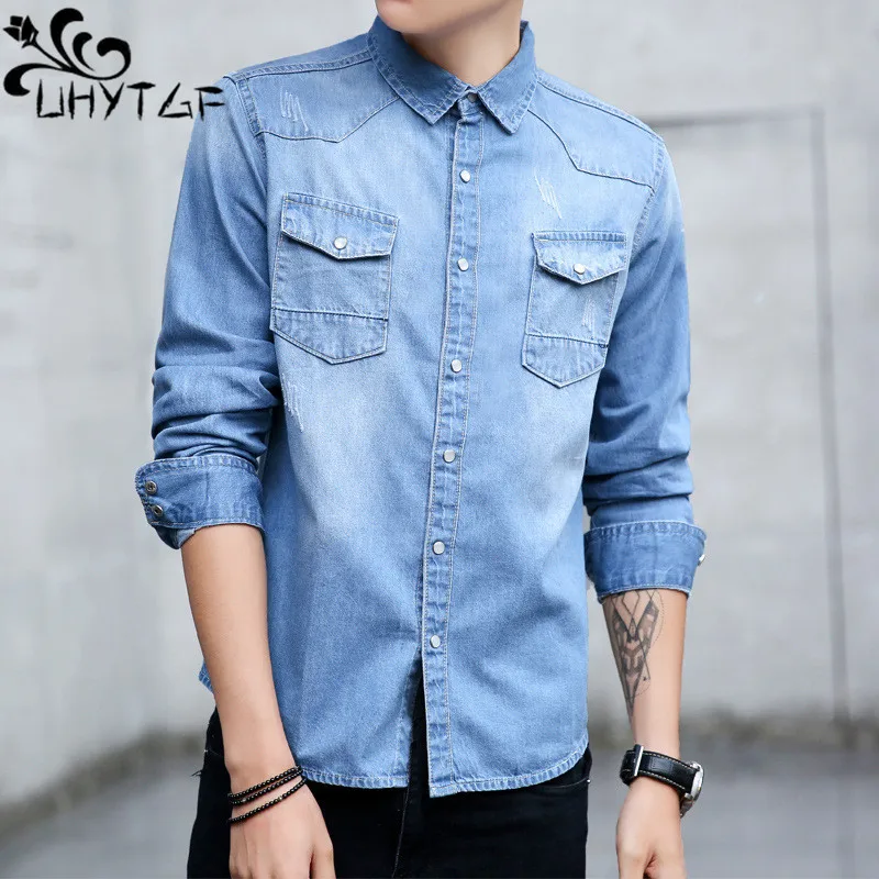 

UHYTGF Fashion Youth Denim Shirt Men Long-Sleeved Pocket Casual Spring Autumn Jeans Blouses Male Washed Cowboy Jacket Men 4XL307