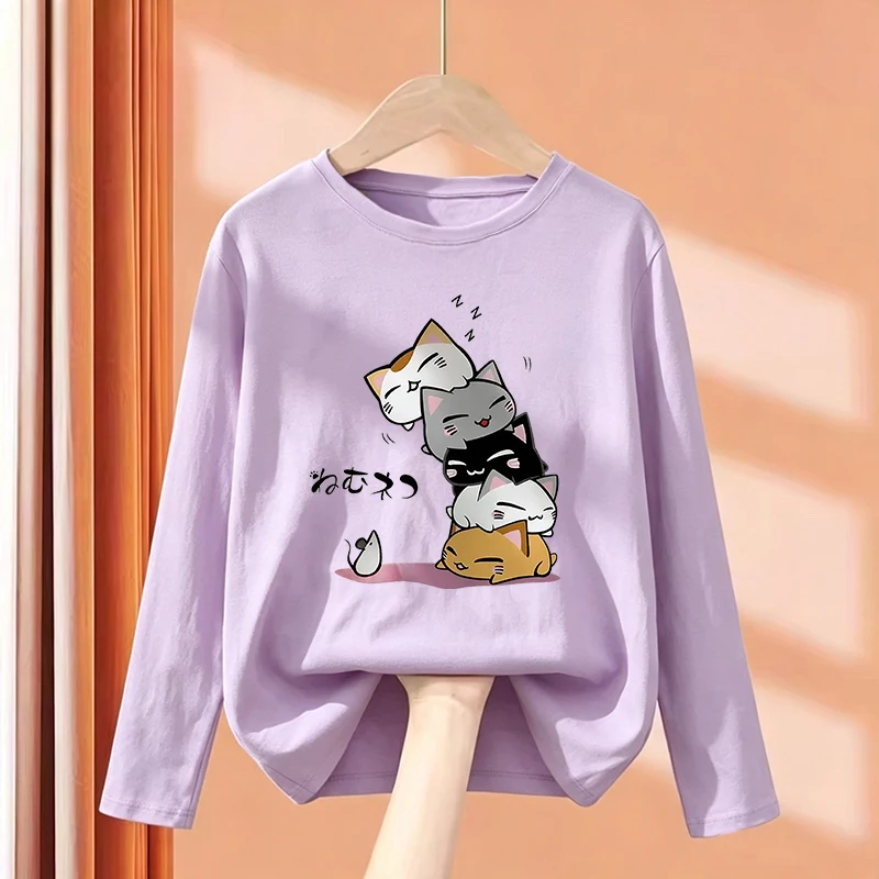 Cartoon Anime Cat Long Sleeve Kawaii Japanese Cat T Shirts Kids Children T-shirt Graphic Boys Girls Autumn Casual Top Tee Shirt