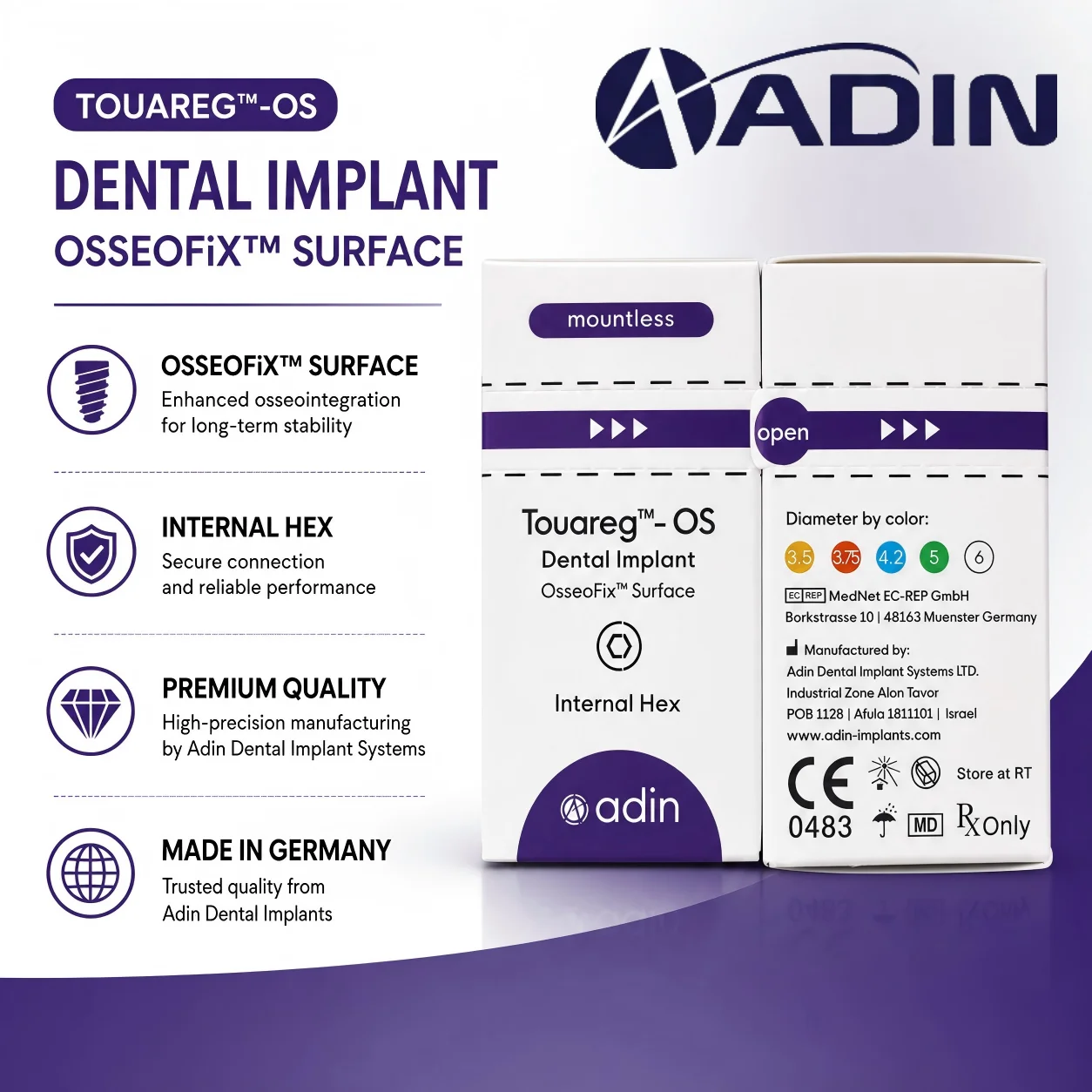 Adin Touareg-OS Titanium Implant, OsseoFix SLA Surface, Internal Hex Connection for Immediate Loading