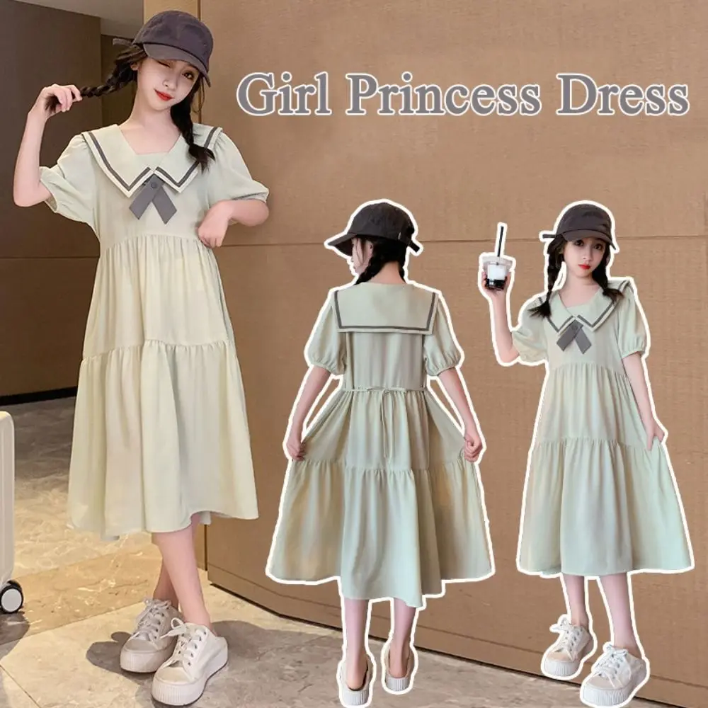 

Bowknot Girl Princess Dress Loose Preppy Style Teenagers Dresses Puff Short Sleeve Sweet Children Bubble Dress Party