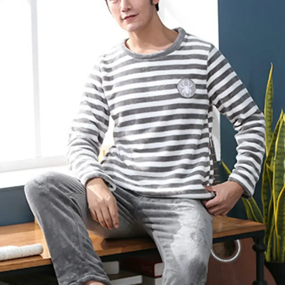 

Men Homewear Suit Men Pajama Set Cozy Men's Winter Pajama Set Striped Round Neck Thick Coral Fleece Elastic Waist Warm for Fall